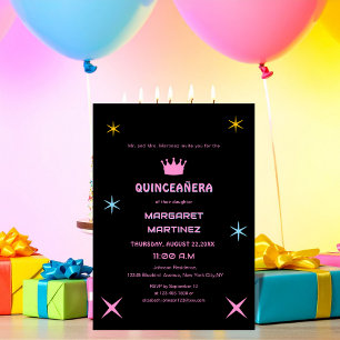black and pink colourful typography quinceañera invitation