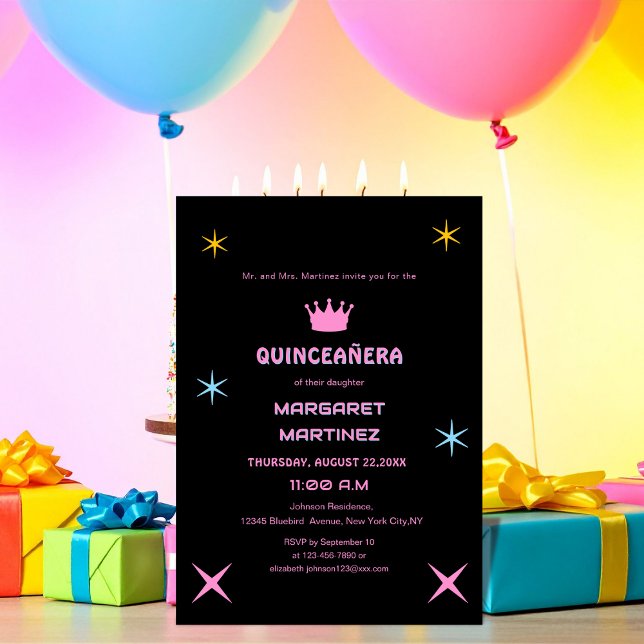 black and pink colourful typography quinceañera invitation (Creator Uploaded)