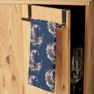 Black and Pink Crescent Moon Pattern Halloween Tea Towel