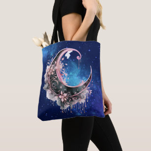 Black and Pink Crescent Moon Starry Halloween Tote Bag