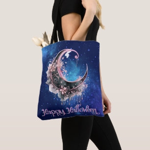 Black and Pink Crescent Moon Starry Halloween Tote Bag