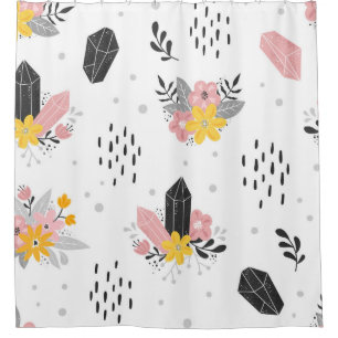 Black and pink crystals with flowers and abstract shower curtain