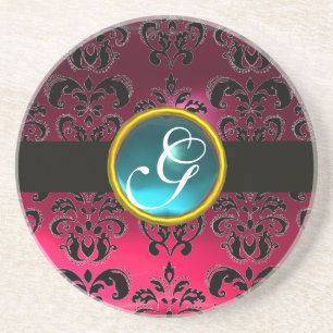 BLACK AND PINK DAMASK  Blue Aquamarine Monogram Coaster