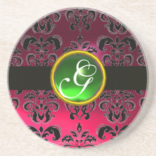 BLACK AND PINK DAMASK Green Emerald Monogram Coaster