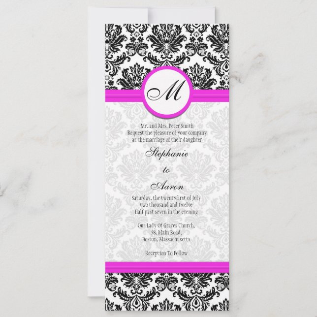 Black and Pink Damask Monogram Wedding Invitation (Front)