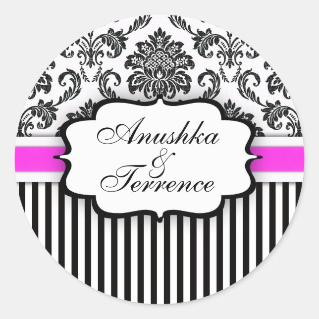 Black and Pink Damask Stripe Wedding Sticker (Front)