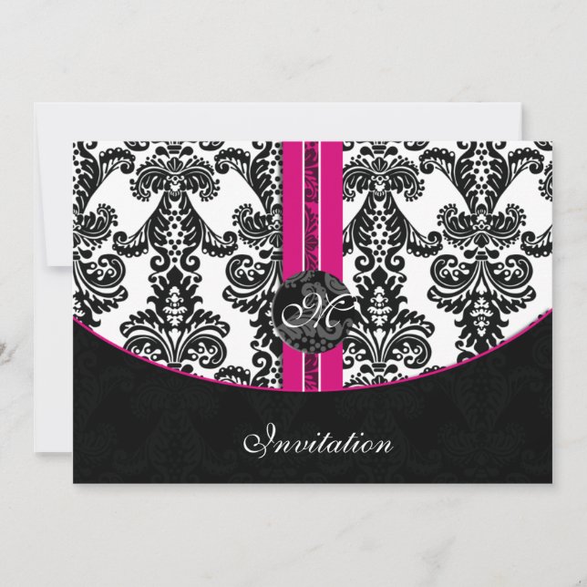 Black and Pink Damask Wedding Invitation (Front)