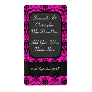 Black and pink damask wedding wine bottle