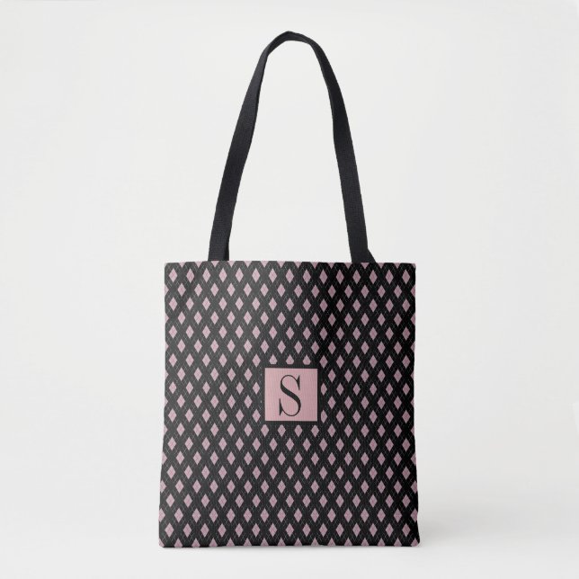 Black and Pink Diamond Pattern Monogram Tote Bag (Front)
