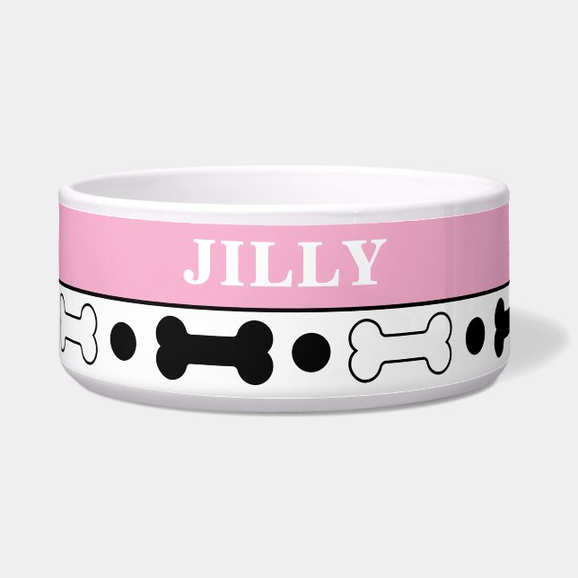Black and Pink Dog Bone Personalised Bowl (Front)