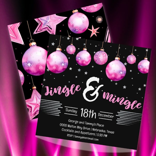 Black and Pink Dramatic Christmas Ornaments Jingle Invitation (Hot pink and a lot of drama for your Jingle and Mingle holiday party. Fully customizable )