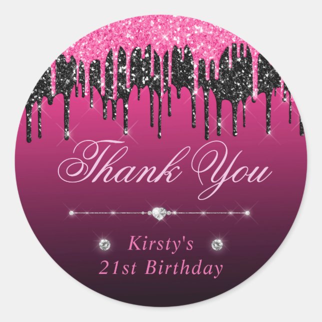 Black and Pink Dripping Glitter Birthday Classic Round Sticker (Front)