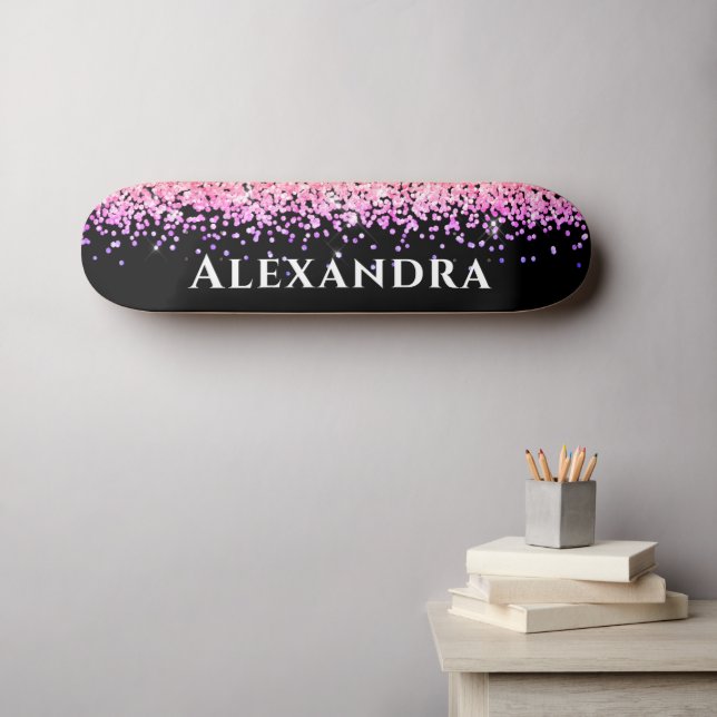 Black And Pink Faux Glitter Esthetic Custom Name Skateboard (Wall Art (Horz))
