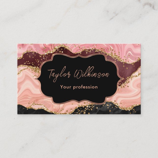 Black and Pink Faux Glitter Sequins Agate Business Card (Front)