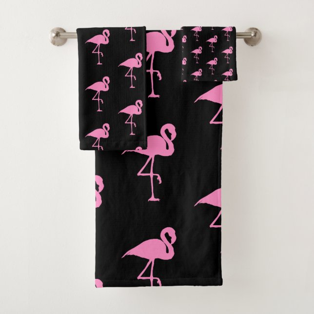Black and Pink Flamingo Pattern Bath Towel Set (Insitu)
