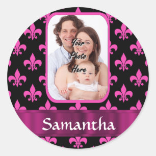 Black and pink fleur de lis classic round sticker