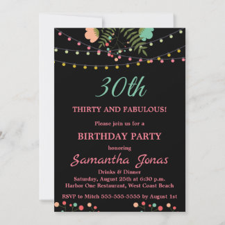 Black and Pink Floral Design 30th Birthday party Invitation