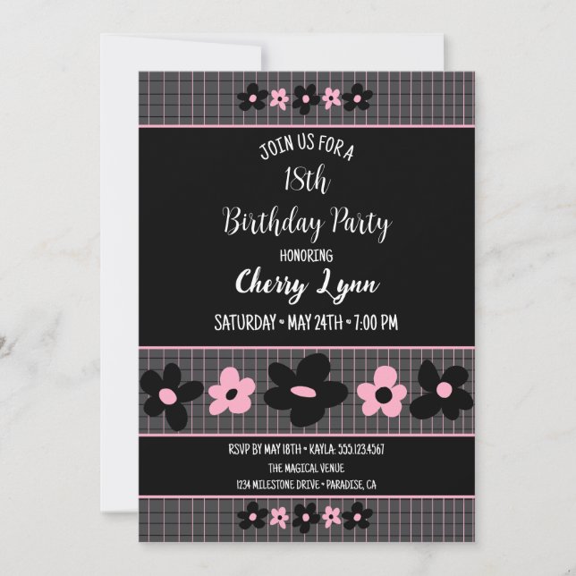 Black and Pink Floral Pinstripe Birthday Invitation (Front)