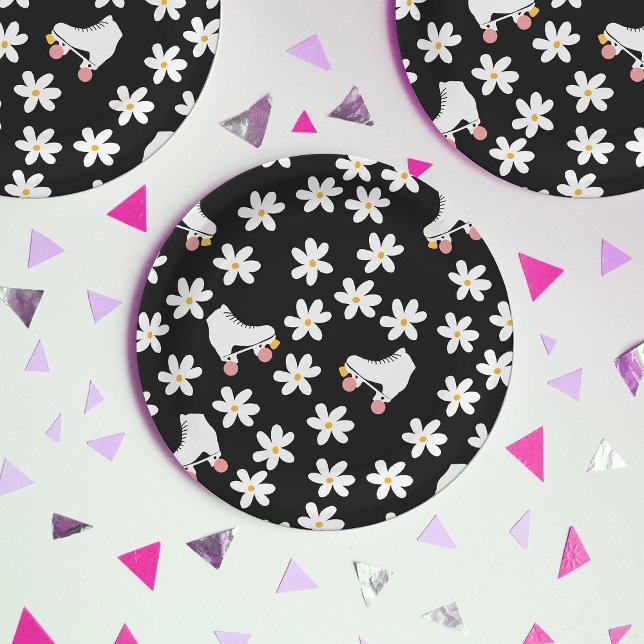 Black And Pink Floral Roller Skating Birthday Paper Plate (Creator Uploaded)