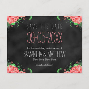 Black and Pink Floral Save The Date Postcards