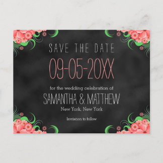 Black and Pink Floral Save The Date Postcards