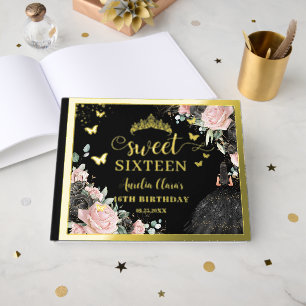 Black and Pink Floral Sweet Sixteen 16th Birthday Guest Book