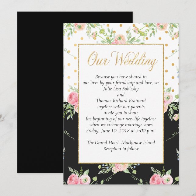 Black and Pink floral wedding invitation (Front/Back)