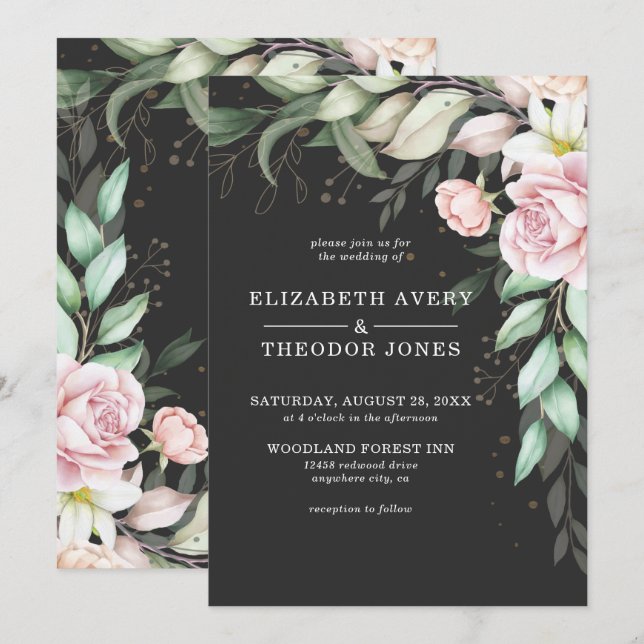 Black and Pink Floral Wedding Luxury Invitation (Front/Back)