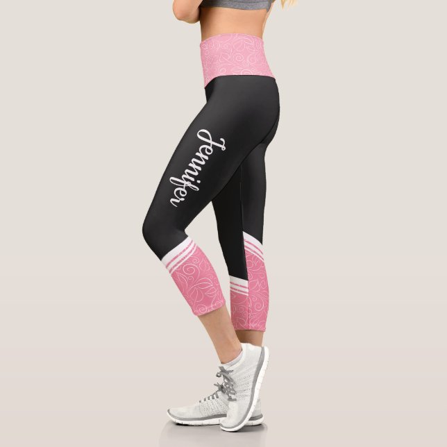 Black and pink floral white stripes and name girly capri leggings (Left)