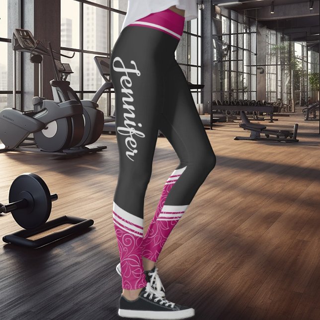 Black and pink floral white stripes & name leggings (Creator Uploaded)