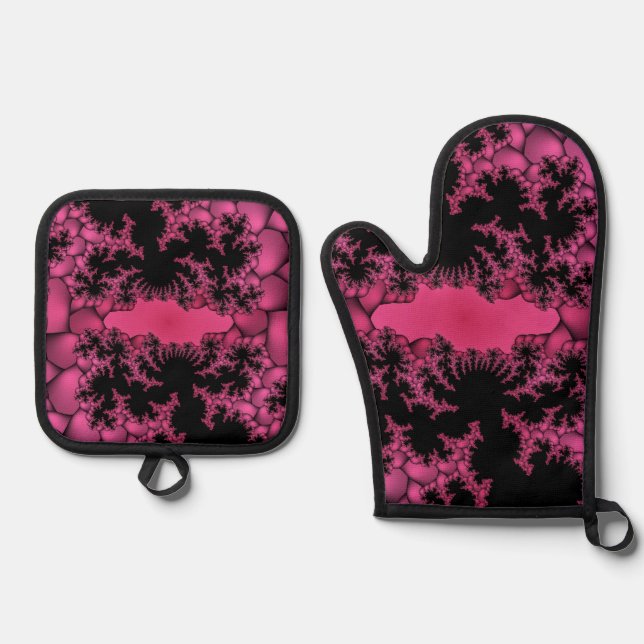 black and pink fractal  oven mitt & pot holder set (Front)