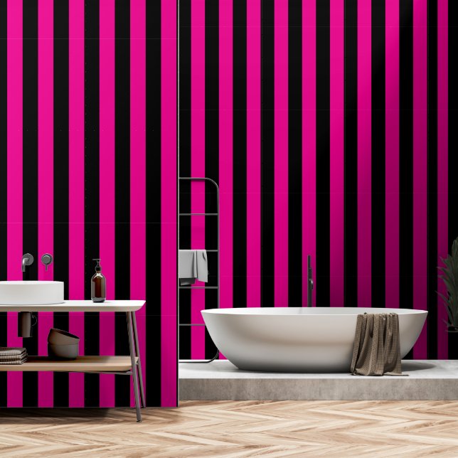Black And Pink Fuchsia Ultra Wide 4 Inch Stripe Wallpaper (Bathroom)