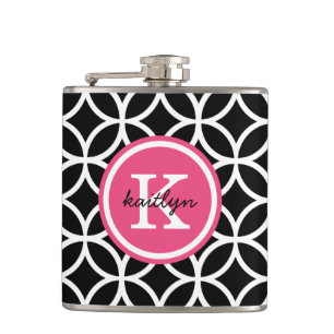 Black and Pink Geometric Diamonds Custom Monogram Hip Flask