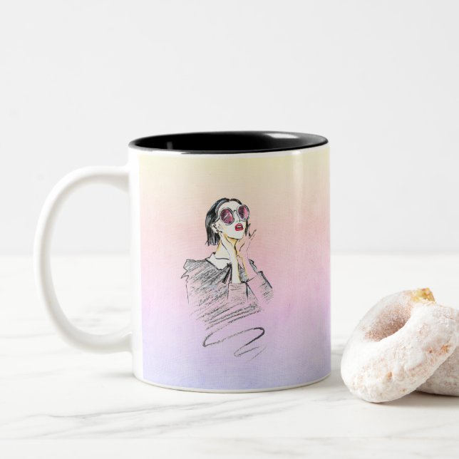 Black and pink girly beauty Two-Tone coffee mug (With Donut)