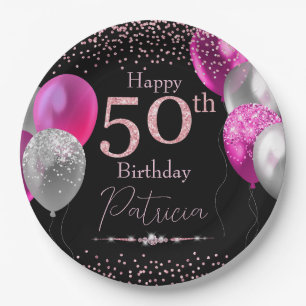 Black and Pink Glitter Balloons 50th Birthday Paper Plate