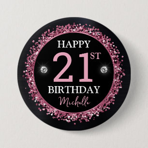 Black and Pink Glitter Confetti Birthday 7.5 Cm Round Badge