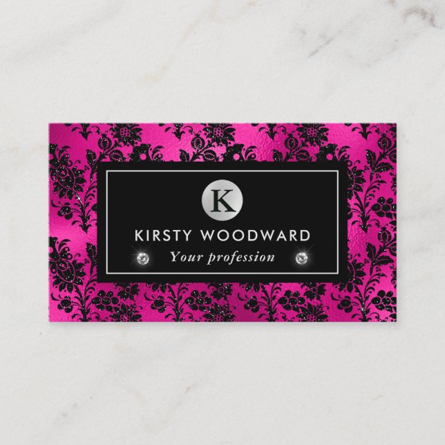 Black and Pink Glitter Flowers Glam Pattern Business Card (Front)