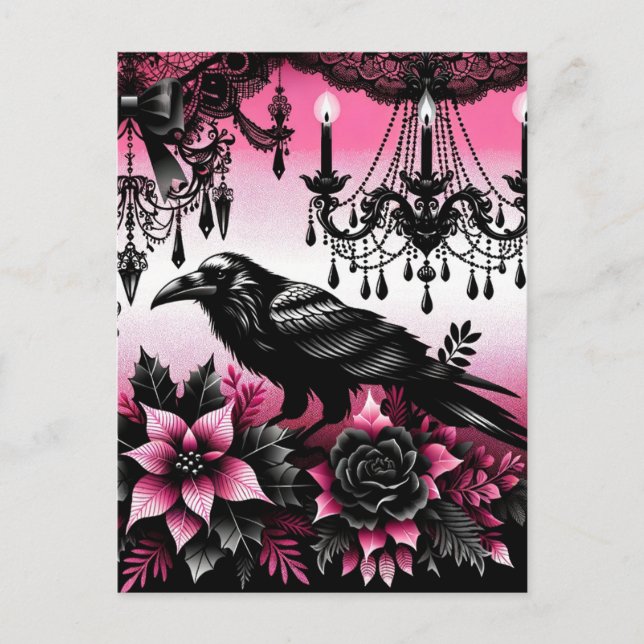 Black and Pink Gothic Christmas Raven and Flowers Postcard (Front)
