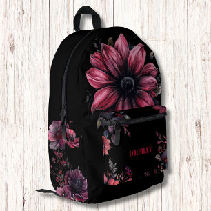 Black and Pink Gothic Flowers Modern Monogram Printed Backpack