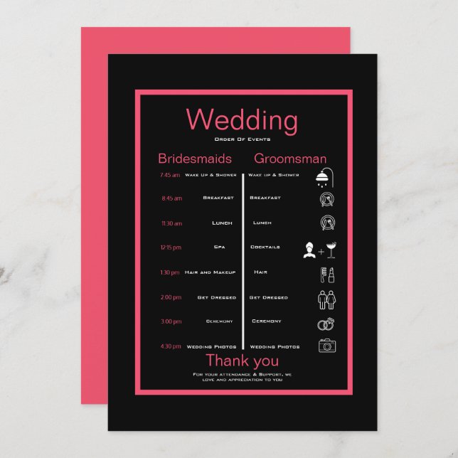 Black and pink itinerary  invitation (Front/Back)
