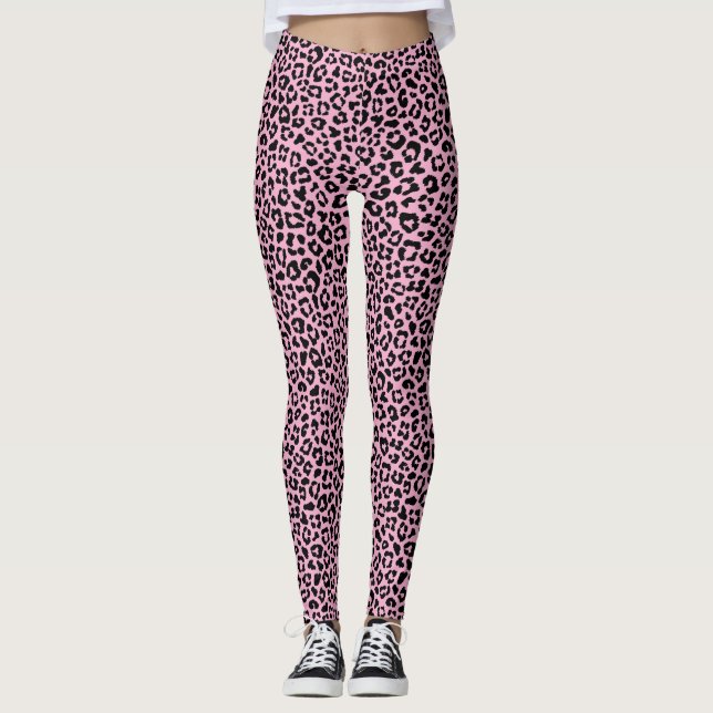 Black and pink Leopard Print Fun Safari Pattern Leggings (Front)