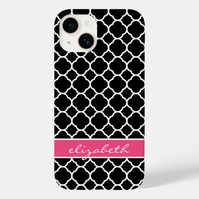 Black and Pink Modern Quatrefoil Monogram Case-Mate iPhone Case (Back)