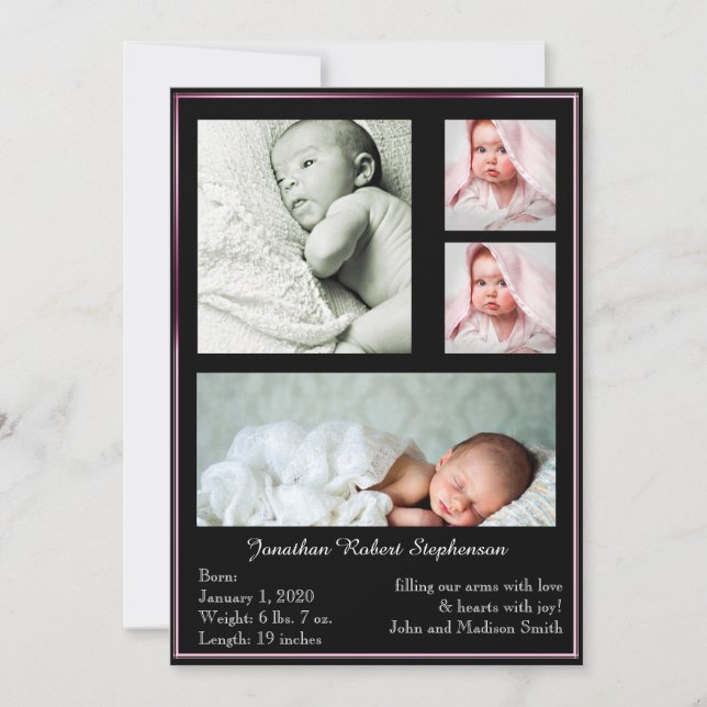 Black and Pink Multi Frame Photo Baby Announcement (Front)