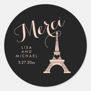 Black and Pink Paris Eiffel Tower Wedding Merci Classic Round Sticker