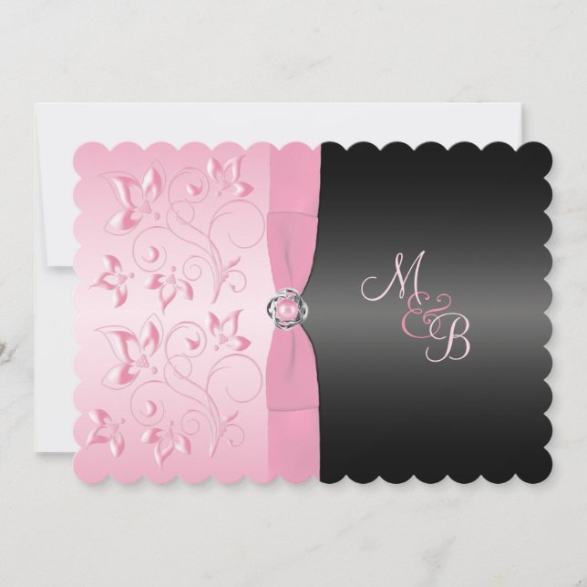 Black and Pink Pearl Loveknot Floral Invitation (Front)