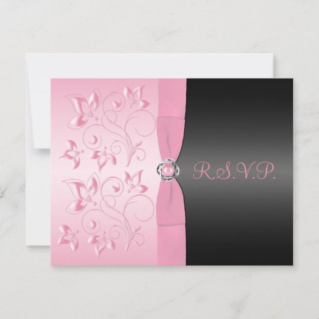 Black and Pink Pearl Loveknot Floral RSVP Card (Front)