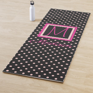 Black and Pink Polka Dot Trendy Monogram Yoga Mat