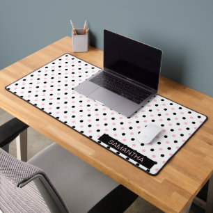 Black and Pink Polka Dots in a White Background Desk Mat