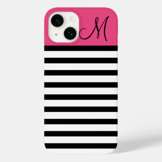 Black and Pink Preppy Stripes Custom Monogram Case-Mate iPhone 14 Case