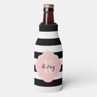 Black and Pink Preppy Stripes Monogram Bottle Cooler